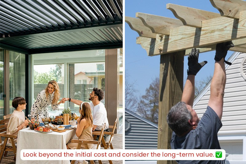 Which Pergola is Safer: Wooden or Aluminum? When examining the safety quotient between aluminum and wood pergolas, the distinct characteristics of both materials come into play.  Aluminum, an alloy with a significant strength-to-weight ratio, bestows pergolas with commendable resilience and stability against adverse weather, reducing the risk of structural failure.  In contrast, wooden pergolas, although exuding rustic charm, may present safety hazards over time. Termites, rot, and weathering can compromise wood's integrity, potentially leading to structural instability.  Furthermore, wood's combustibility poses a fire risk, especially in regions prone to wildfires.  Moreover, If you do not take care of a wooden pergola, you can quickly get a splinter from it.  Therefore, in a safety-centric comparison, aluminum pergolas hold a distinct advantage over their wooden counterparts.